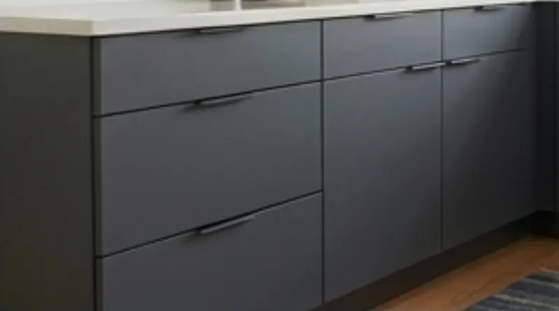 Modern frameless kitchen island with charcoal grey cabinets - European style cabinetry