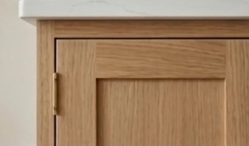 Close-up of artisan inset cabinet with exposed brass hinges - luxury custom cabinetry